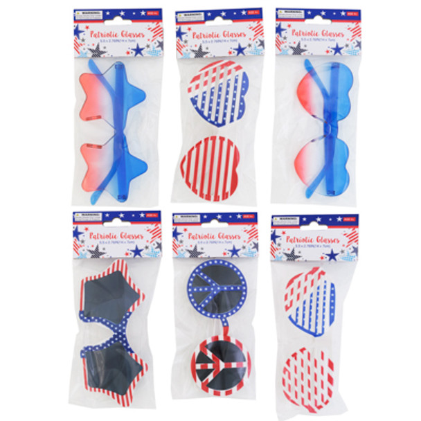 PATRIOTIC GLASSES 6 ASST OMBRE STAR/HEART GRILL/ PEACE OPP BAG W/ INSERT HEADER