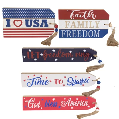 PATRIOTIC TABLETOP MDF DECOR W/ BEADED TASSEL 5 ASST