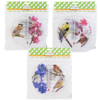 THERMOMETER 6.3IN DIA FLORAL/ BIRD PRINT 3 ASST