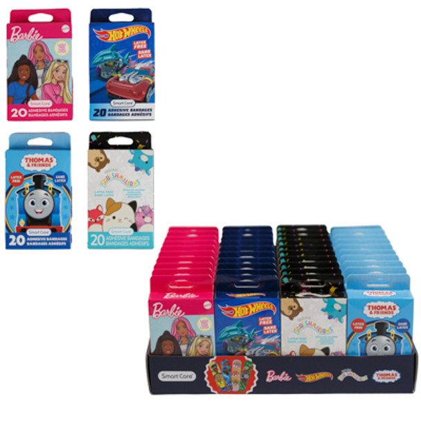 BANDAGES KIDS LICENSED 20CT 40PC PDQ DISPLAY - 4 ASSORTED BARBIE/SQUISHMALLOWS/HOT WHEELS/THOMAS