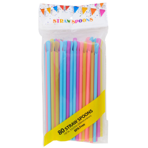STRAW SPOONS 80CT 4 NEON COLORS/PK 6MM DIA X 7.87IN L PTB PB/BPA FREE