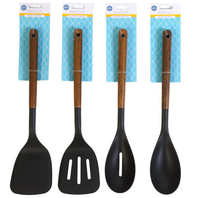 KITCHEN TOOL ASST NYLON W/ OAK HANDLE 4 STYLES SOLID & SLOTTED SPOON & TURNER B&C TCD