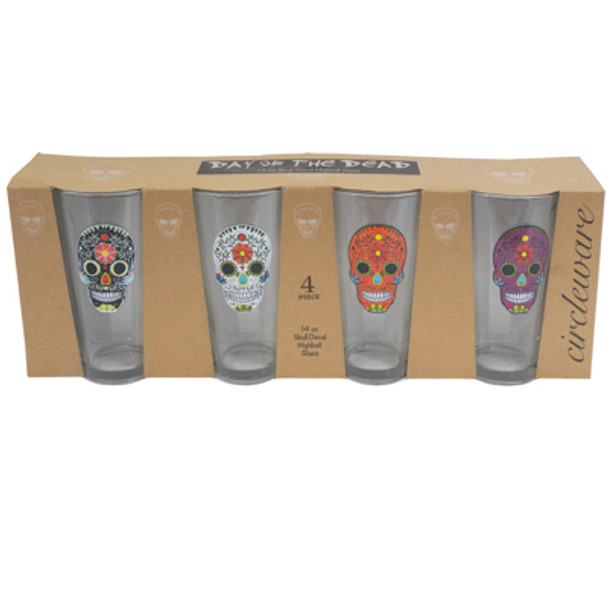 HIBALL GLASS 14.5OZ 4AST SET CLEAR SUGAR SKULL BLACK/WHITE/PURPLE/ORANGE CRAFT SLEEVE