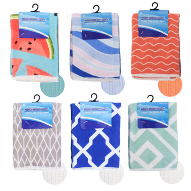 DISH CLOTH MICROFIBER 3PK 11.8 SQ IN 2 PRINT + 1 COORD SOLID PER SET 6 ASST TCD/ HOOK