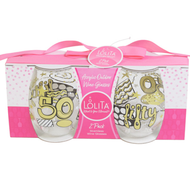 WINE STEMLESS 15OZ 2PC SET 50YEARS LOLITA  ACRYLIC GIFT TAG/BOX
