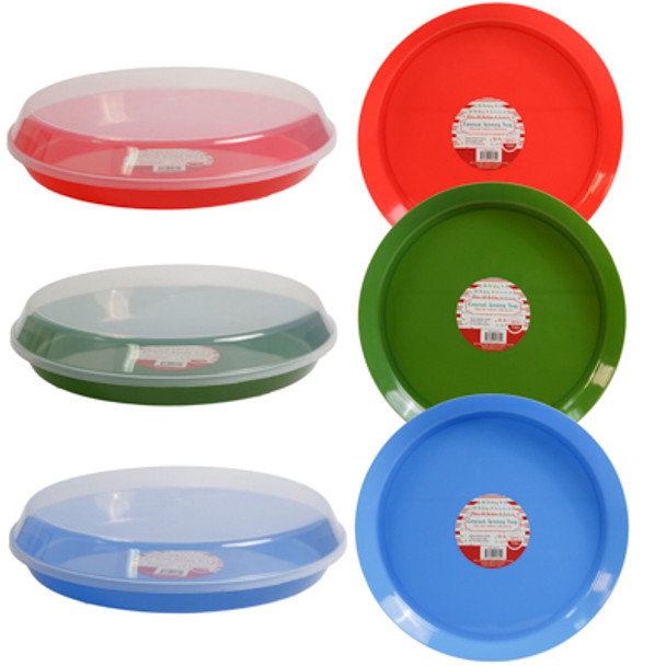 SERVING TRAY ROUND W/LID14IN DIA X 1.75IN H RED/GREEN/ BLUE