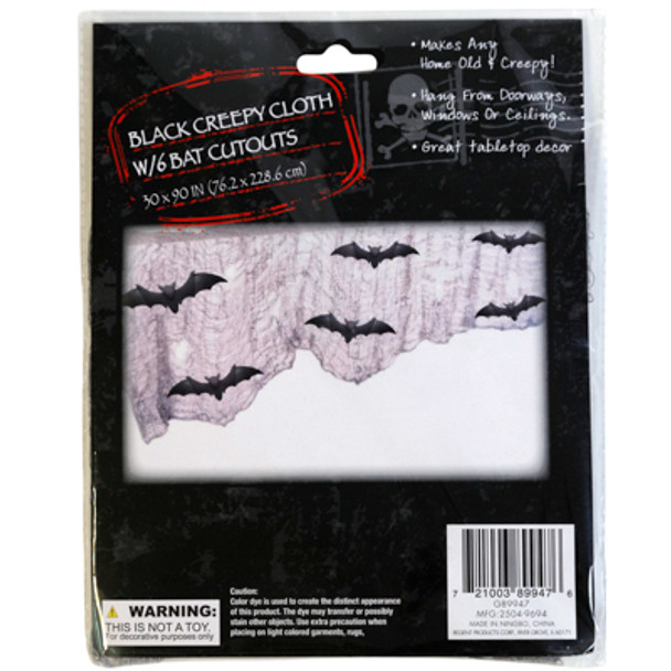 CREEPY CLOTH GREY 30X90 IN W/6 BAT CUTOUTS HLWN PB / INSERT CARD