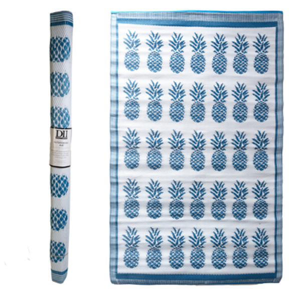 OUTDOOR RUG 4X6 PINEAPPLE MOTIF BLUE WOVEN POLYPROPYLENE REVERSIBLE