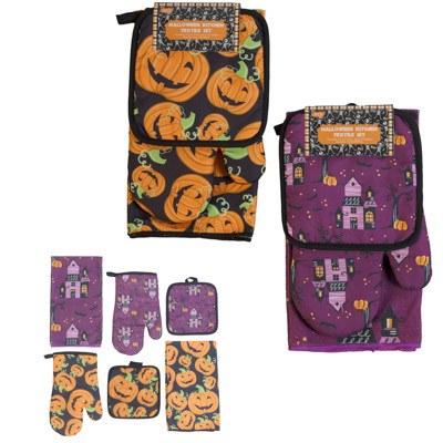 KITCHEN TEXTILE SET HALLOWEEN TOWEL/ MITT/ POTHOLDER 2 ASST HLWN/ HDR W/ JHOOK
