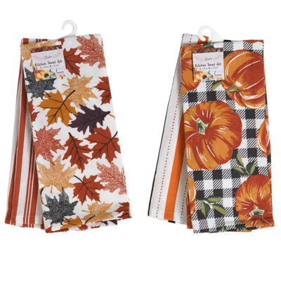 KITCHEN TOWEL 2PK HARVEST 1 PRINT / 1 STRIPE / 2 ASST HT/ J-HOOK