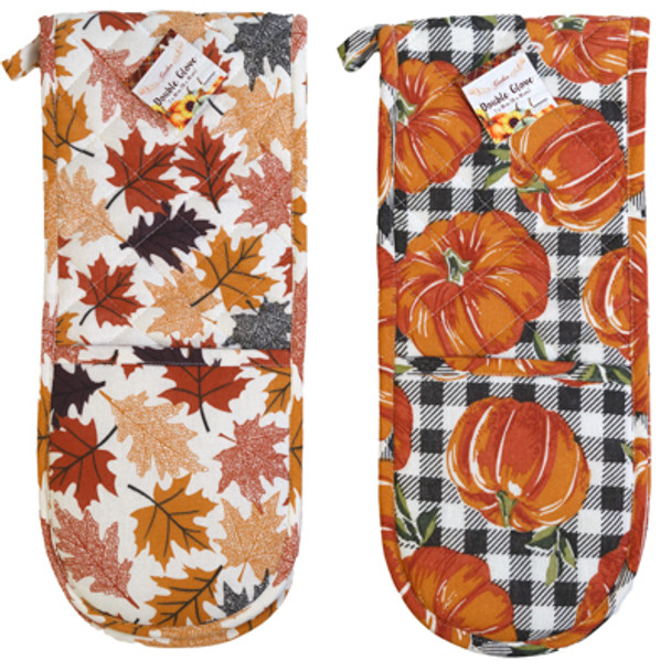OVEN MITT / POTHOLDER DOUBLE HAND 2 ASST HARVEST PRINT HT/ JHOOK