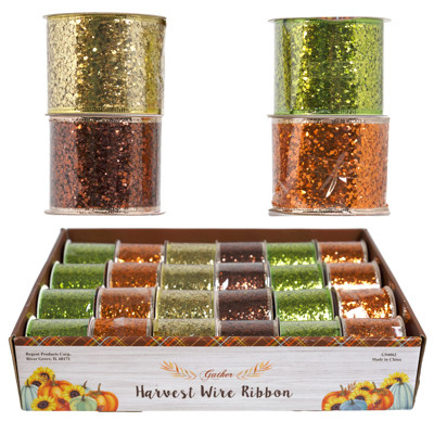 RIBBON WIRE HARVEST 2.5IN X 3YDS AST SPARKLE 24PC PDQ