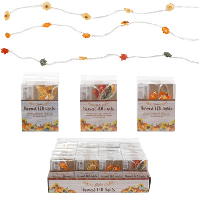 FALL STRING LIGHTS 10 LED PUMPKIN/ SUNFLOWER/ MULTICOLOR LEAVES 3FT L PEGGABLE PVC BOX/ INS/ 24PC PDQ