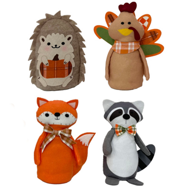 HARVEST TABLETOP FABRIC ANIMALS 4 AST / 10IN TURKEY/FOX/RACCOON/HEDGEHOG EA W/HARV HT