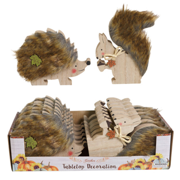 TABLE DECOR HARVEST FURRY TRIM SQUIRREL/HEDGEHOG 2 AST / 5.7IN /12PC PDQ  MDF COMPLY LABEL