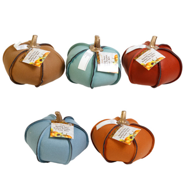 PUMPKIN HARVEST FAUX LEATHER W/ GOLD STEM 5X5IN / 5 CLRS - WEIGHTED / HARV HT PUMPKIN HARVEST FAUX LEATHER W/ GOLD STEM 5X5IN / 5 CLRS - WEIGHTED / HARV HT