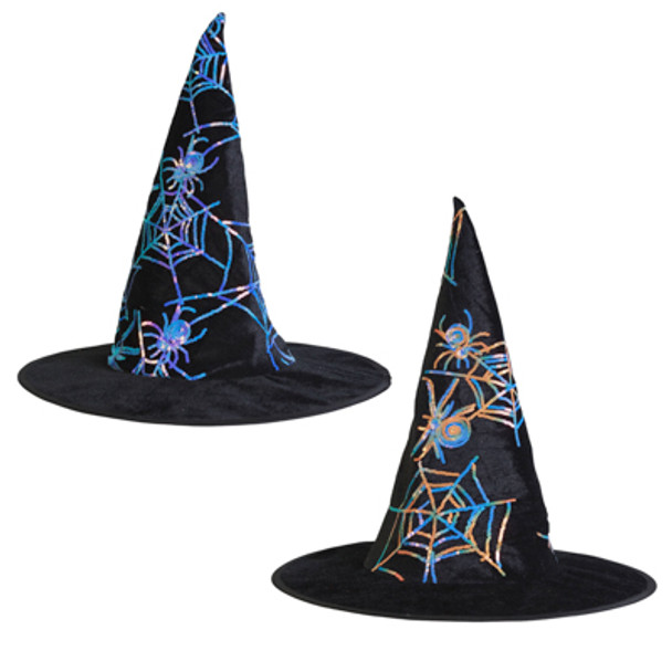 WITCH HAT VELVET W/ SEQUIN SPIDER WEBS ADULT SIZE / JHOOK W/ HT
