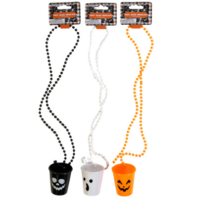 NECKLACE HALLOWEEN SHOT GLASS 3 ASST FACES 20.5IN HLWN BARBELL CARD
