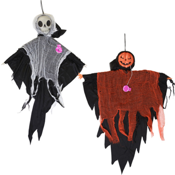 SHROUDED HANGING DECOR 24IN/ LIGHTUP PUMPKIN/ SKELETON HLWN IN USE/ HT