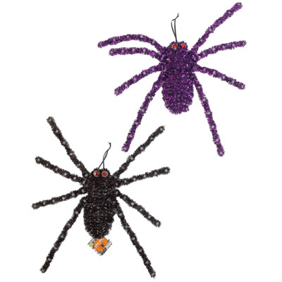 SPIDER TINSEL JUMBO SIZE 16 X 15.75IN / 2 AST BLK/ PURP/ GLOW IN THE DARK DOTS / HLWN HT