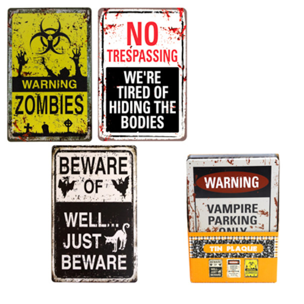 WALL PLAQUE TIN HALLOWEEN PRINTED DECOR 3 AST 11.8 X 7.87IN /24PC PDQ / LABEL