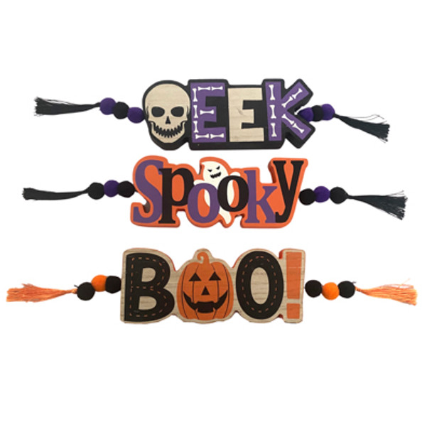 TABLE DECOR HALLOWEEN MDF 3AST W/ BEAD & TASSEL/COMPLYUPC LABEL