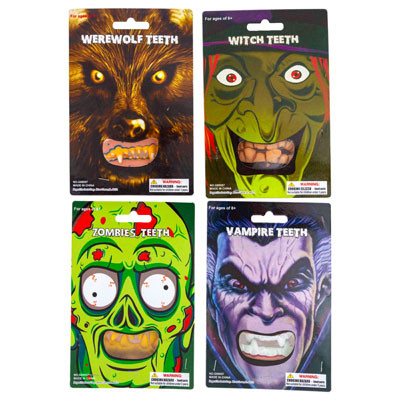 HORROR TEETH 4AST STYLES HALLOWEEN BLISTER CARD WITCH/VAMPIRE/WOLF