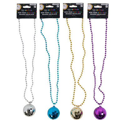 NECKLACE BEAD W/DISCO BALL NEW YEARS 4 ASST COLORS NY/ BARBELL CARD