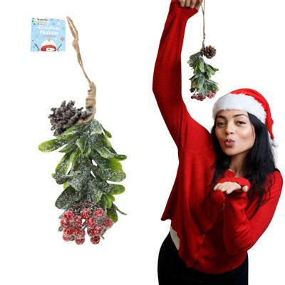 MISTLETOE HANGING DECOR 9IN W/ BERRIES & PINECONE XMAS HT PLASTIC
