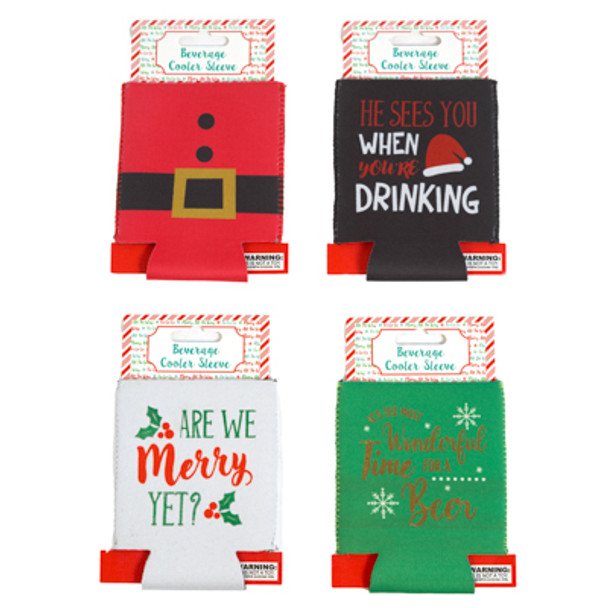 CAN/BOTTLE SLEEVE CHRISTMAS PRINTS 4 ASST NEOPRENE / 24PC PRELOADED MDSG STRIP/ PBSLV XMAS CARD