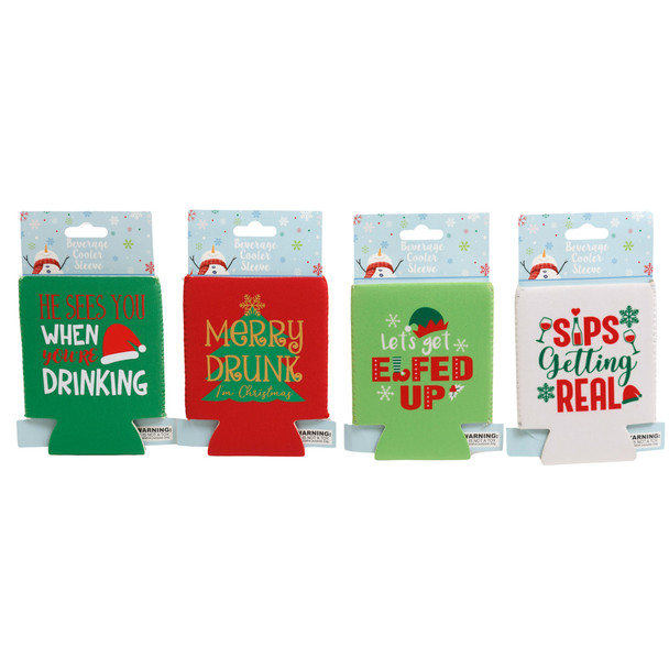 CAN/BOTTLE SLEEVE CHRISTMAS PRINTS 4 ASST NEOPRENE / 24PC PRELOADED MDSG STRIP/ PBSLV XMAS CARD