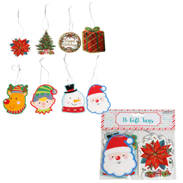 GIFT TAGS CHRISTMAS FOIL/GLITTER 16CT DIE CUT XMAS PBH