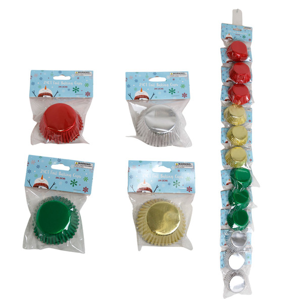 BAKING CUPS FOIL 24CT 2IN 4 ASST COLORS GOLD/ SILVER/ RED/ GREEN ON 12PC DISP STRIP XM PBH