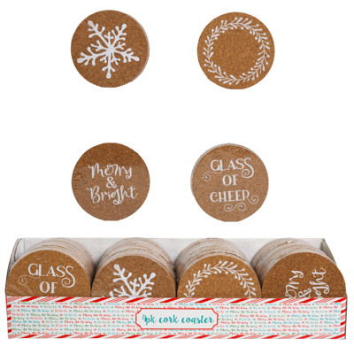COASTER CORK 4PK 3.5IN DIA 4ASST CHRISTMAS PRINTS IN 24PC PDQ/EA SET SHRINK W/XMAS LABEL