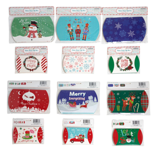 GIFT BOX PILLOW SHAPE 4CT SM/ 3CT LG EA ON 12PC DISP STRIP XMAS PBH EA IN 3 ASST PRINTS/ PBSLV
