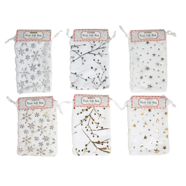 GIFT BAG WHITE PLUSH 6.7 X 8.6IN 3 STYLE HOTSTAMP PRINT/ GOLD OR SILVER XMAS HDR