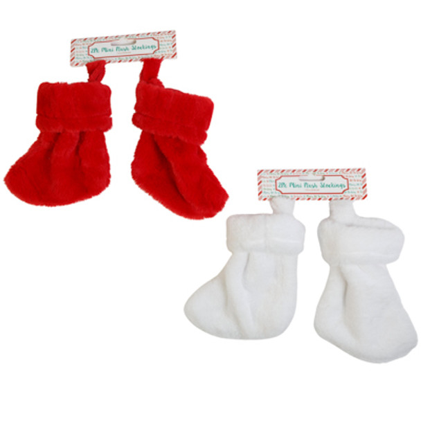 STOCKING MINI 2PK DELUXE PLUSH 7.5IN SOLID RED OR WHITE XMAS HDR