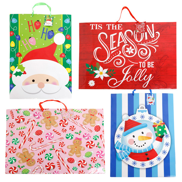 GIFT BAG GIANT CHRISTMAS 24x4x18 4 ASST HORIZ & VERT UPC LABEL