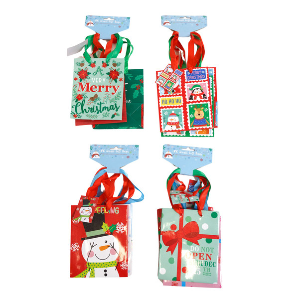 GIFT BAG SMALL 3PK CHRISTMAS 4 ASST COMBOS 4.25 X 5.25 X 2.25IN BARBELL HDR