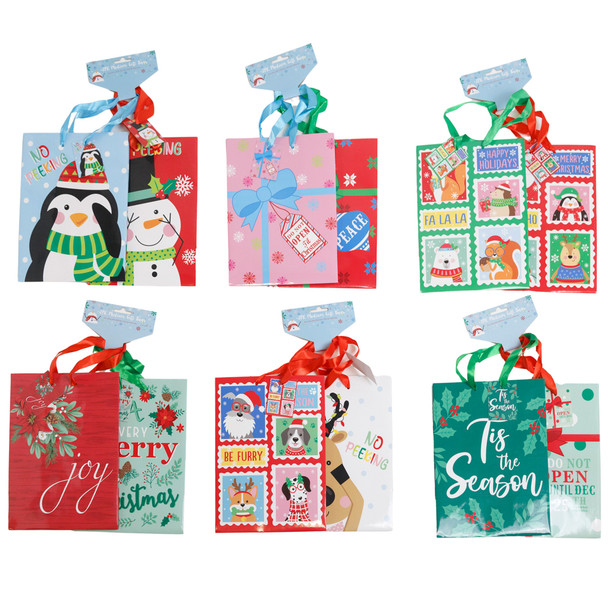 GIFT BAG CHRISTMAS 2PK MEDIUM 6 X 4 X 8 12 ASST BARBELL HDR