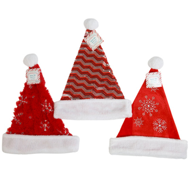 SANTA HAT SPECIAL FINISH ZIGZAG SEQUIN/ PLUSH SNOWFLAKE/ VELVET GEM FLAKE FRONT 3 ASST XMAS /JHOOK/ HT