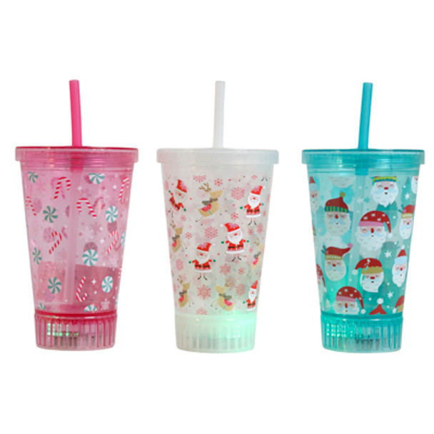 TUMBLER LIGHTUP W/STRAW 3AST XMAS PRINTS 18FL OZ/10IN H LABEL
