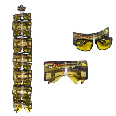 NIGHT DRIVER GLASSES WITH HIGH CONTRAST LENSES ON CLIP STRIP PLASTIC AND METAL FRAMES