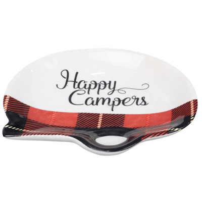 SOAP/TRIVET DISH 4.15X3.78X0.78 HAPPY CAMPER BUFFALO PLAID RED CERAMIC *2.50*