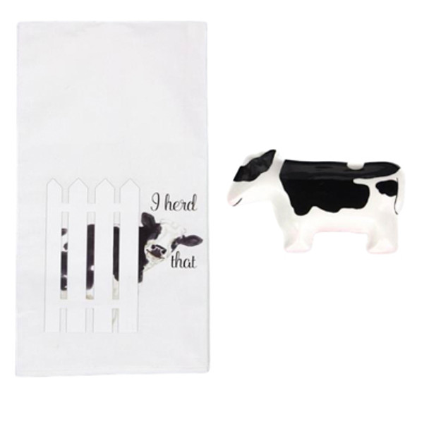 DISH TOWEL W/TRIVET 2PC SET 5.25X3.54X.75 COW COTTON/CERAMIC *8.50*