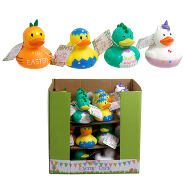 DUCK EASTER NOVELTY PVC 4 AST COLORS IN 36PC PDQ 4X3.5X3IN W/EASTER HT