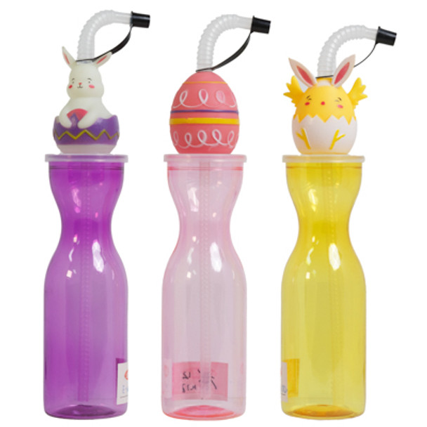 SIPPER BOTTLE W/STRAW & 3-D EASTER CHARACTER 11IN 3 ASST BUNNY/CHICK/EGG HANGTAG/24PC PDQ