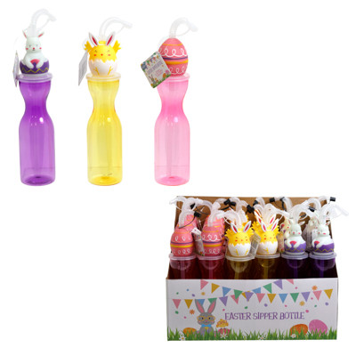 SIPPER BOTTLE W/STRAW & 3-D EASTER CHARACTER 11IN/16.9OZ 3 ASST BUNNY/CHICK/EGG HANGTAG/24PC PDQ