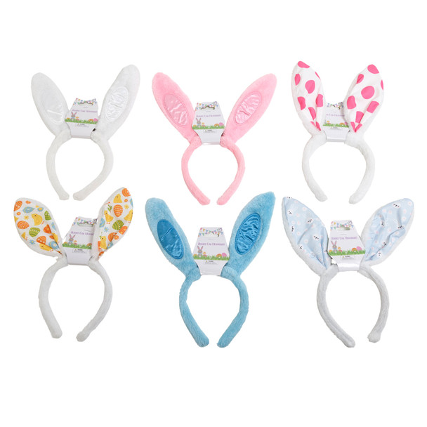 BUNNY EAR HEADBAND 6ASST PRINTED/SATIN BARBELL