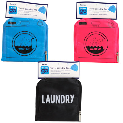 TRAVEL LAUNDRY BAG 3ASSORTED  22X21 DRAWSTRING BLUE/BLACK/PINK CARDED PEGGABLE